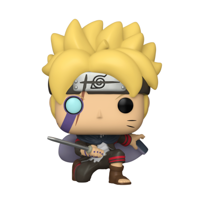 Funko Pop de personagem com cabelo loiro espetado, bandana cinzenta com símbolo, roupa azul escura e botas castanhas