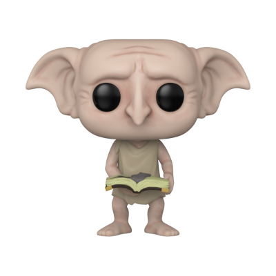 Figura Funko Pop do personagem Dobby com grandes orelhas e segurando um livro