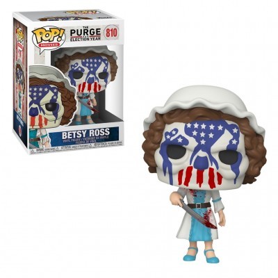 Figura POP! de Betsy Ross com máscara patriótica e faca, caixa do filme The Purge Election Year