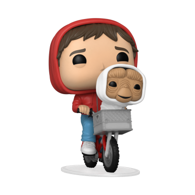 Figura Funko Pop de boneco de capuz vermelho e figura com capuz branco numa bicicleta