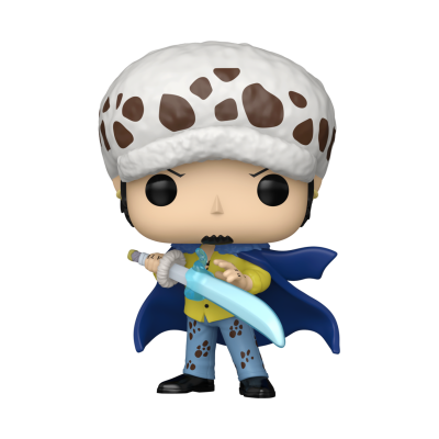 Figura Funko Pop de personagem masculino com chapéu branco e manchas castanhas, capa azul e espada azul