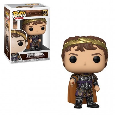 Figura Funko Pop do personagem Commodus do filme Gladiator ao lado da sua caixa original.