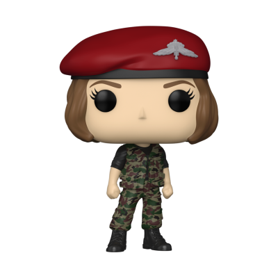 Figura Funko Pop com cabelo castanho e roupa camuflada, chapéu vermelho com emblema cinza
