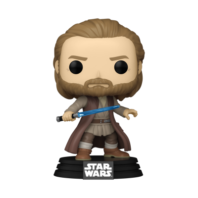 Figura Funko Pop de personagem Star Wars com sabre de luz azul em base preta.