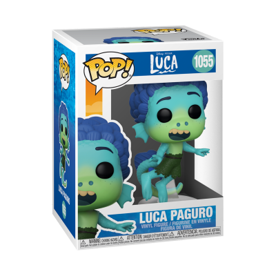 Figura de vinil Luca Paguro dentro de caixa com marca Pop! e Disney Pixar Luca