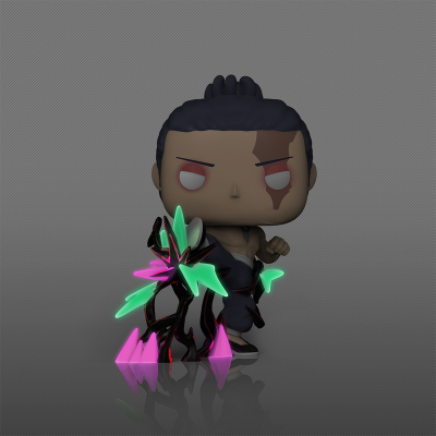 Figura Funko Pop masculina com cristais luminosos verdes e rosa em fundo cinza