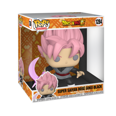 Figurine Funko Pop! Super Saiyan Rosé Goku Black, cabelo rosa, roupa preta e cinza, no caixa