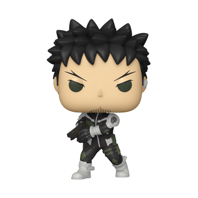 Figura Funko Pop de personagem com fato camuflado e cabelo preto espigado