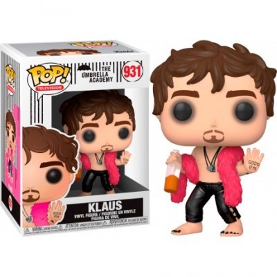 Funko Pop! Klaus da Umbrella Academy, vinil, casaco rosa, calças pretas, garrafa laranja, mão com texto GOOD BYE.