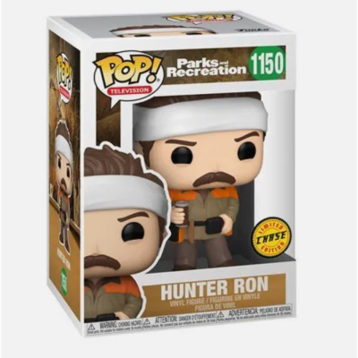 Funko Pop! Hunter Ron da série Parks and Recreation na embalagem com faixa branca, bigode e roupa verde e laranja