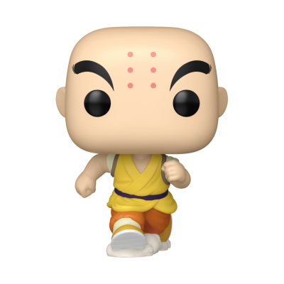Figura colecionável Funko Pop de personagem calvo com roupa amarela e laranja em pose de corrida