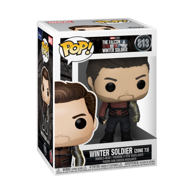 Figura Funko Pop! do Winter Soldier em caixa transparente com texto e etiquetas