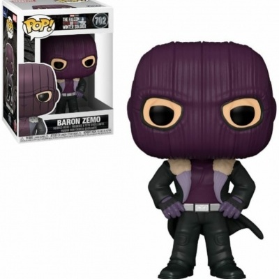 Figura Funko Pop! de Baron Zemo com máscara roxa e roupa preta junto à embalagem
