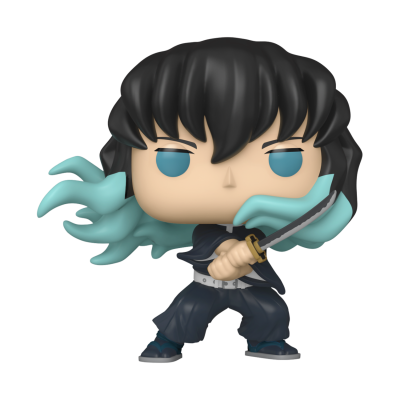 Boneco estilo pop vinyl com cabelo preto e aura azul, vestido de preto, segurando katana.