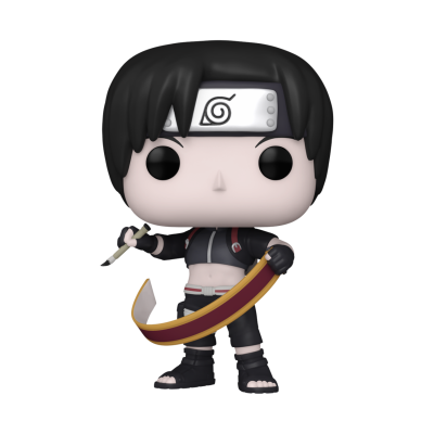 Figura Funko Pop personagem com faixa cabeça branca e símbolo preto vestindo roupa preta e segurando kunai e fita