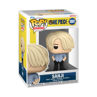 Figura Funko Pop! Sanji da série One Piece numa caixa com fundo amarelo e azul.