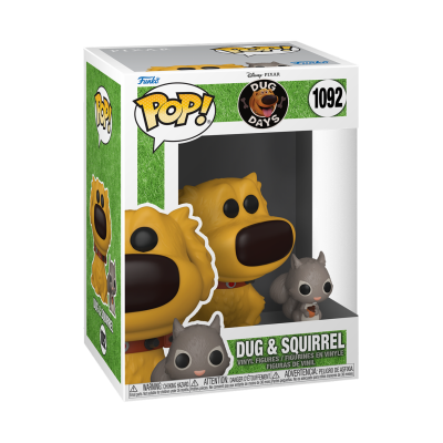 Figura Funko Pop! Dug e Esquilo da Disney Pixar em embalagem transparente com fundo verde