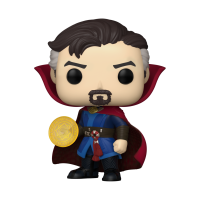 Figura Funko Pop do Doctor Strange com capa vermelha e disco amarelo místico