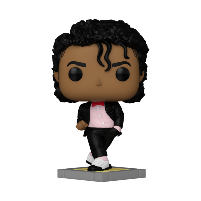 Figura colecionável Funko Pop vestindo camisa rosa e gravata borboleta vermelha.