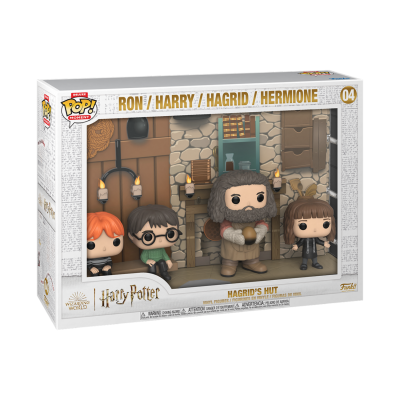 Conjunto Funko Pop! de Harry Potter com Ron, Harry, Hagrid e Hermione dentro da caixa