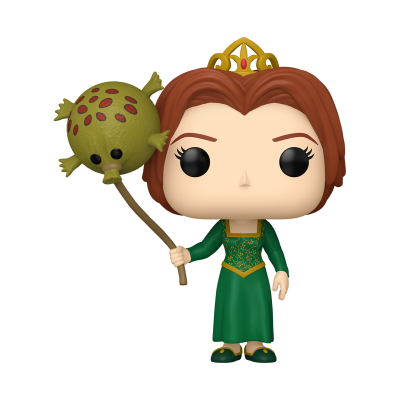 Funko Pop com vestido verde, coroa dourada e objeto verde com manchas vermelhas