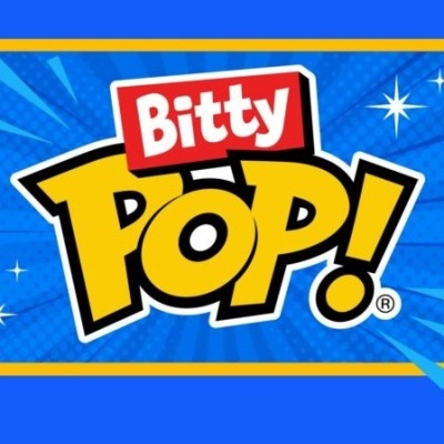 Logo colorido Bitty Pop! sobre fundo azul com estrelas