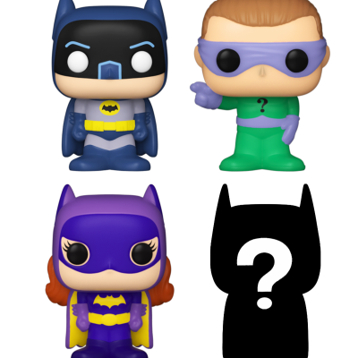 Figuras Funko Pop de personagens da DC Comics com um espaço de figura em contorno negro com ponto de interrogação