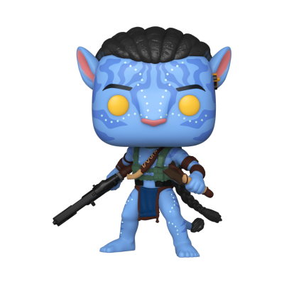 Figura colecionável Funko Pop personagem azul detalhes brancos olhos amarelos com arma