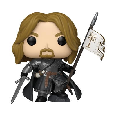 Boneco Funko Pop medieval com armadura cinza e bandeira branca com árvore castanha