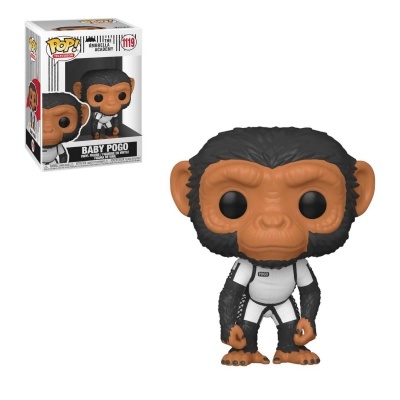 Figura POP! de vinil Baby Pogo com fato branco e pelo preto ao lado da sua caixa