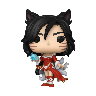 Figurina Funko Pop de personagem feminina com orelhas e cauda de raposa, vestido vermelho e esfera azul