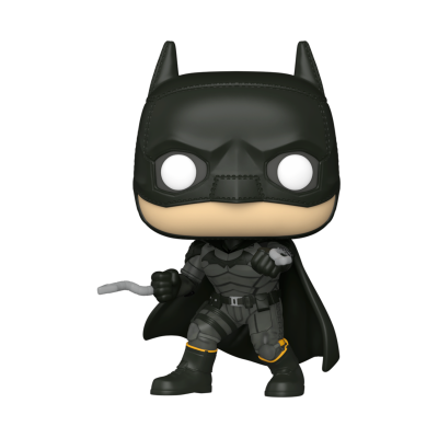 Figura colecionável estilo Funko Pop do Batman com máscara, capa e fato cinzento e preto