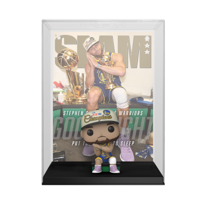 Figura Funko Pop Stephen Curry com boné NBA Champions em caixa transparente com imagem de fundo do jogador a segurar troféu