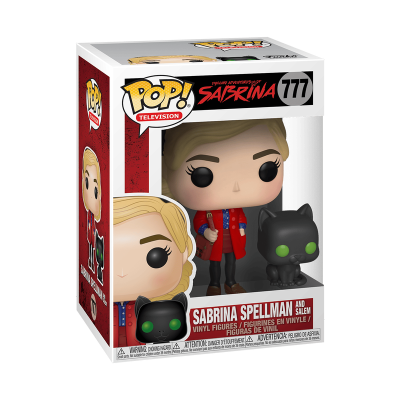 Figura Funko Pop de Sabrina Spellman e Salem em embalagem retangular com cores vermelha, branca e preta