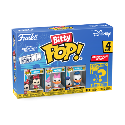 Caixa azul de Funko Pop! Bitty Disney com 4 figuras, incluindo Mickey, Minnie, Daisy, Donald e uma surpresa.