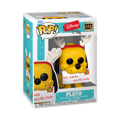 Figura Funko Pop! Pluto com acessórios de rena e carta para o Pai Natal em embalagem azul