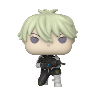 Figura Funko Pop com cabelo verde claro, roupa tática e arma