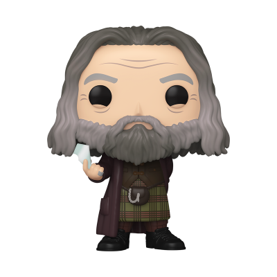 Figura Funko Pop com cabelo e barba cinzentos, vestindo roupa às riscas castanhas e verdes, casaco castanho, sapatos pretos, segurando objeto branco.
