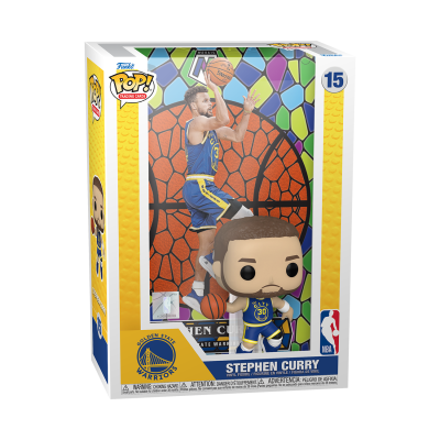 Figura Funko Pop! de Stephen Curry com uniforme de basquetebol azul e amarelo em caixa amarela