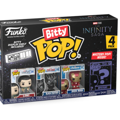 Caixa de quatro bonecos Funko Pop Bitty da série Infinity Saga com personagens Loki, Black Panther, Iron Man e um boneco misterioso