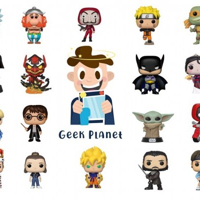 Miniaturas Funko Pop variadas de personagens de cinema e cultura pop com logotipo Geek Planet.