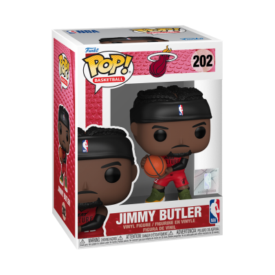 Figura de vinil Funko Pop! Jimmy Butler com roupa de basquete vermelha dentro da caixa