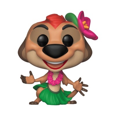 Figura de vinil Funko POP do personagem Timão com saia de folha verde e flor rosa na cabeça
