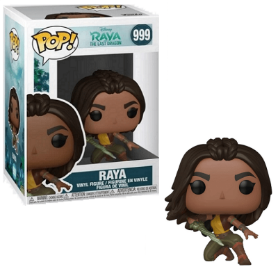 Funko Pop! vinil da personagem Raya com espada, roupa amarela e verde, em caixa branca etiquetada