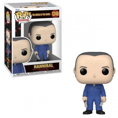 Figura Funko Pop! de Hannibal com fato azul e faca e seringa, na caixa do filme The Silence of the Lambs