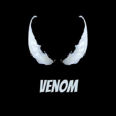 Formas brancas onduladas e texto VENOM em fundo preto