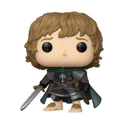 Figura Funko Pop com armadura cinza e capa verde escura segurando uma espada