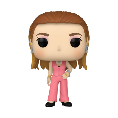 Figura colecionável Funko Pop de mulher com macacão rosa e acessórios prateados.