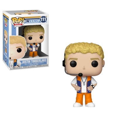 Funko Pop! Justin Timberlake com colete azul, calças laranja e microfone de ouvido junto da caixa