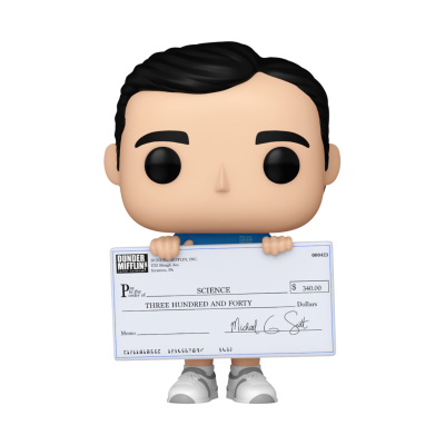 Figurina Funko Pop com cabelo preto a segurar um cheque grande branco.